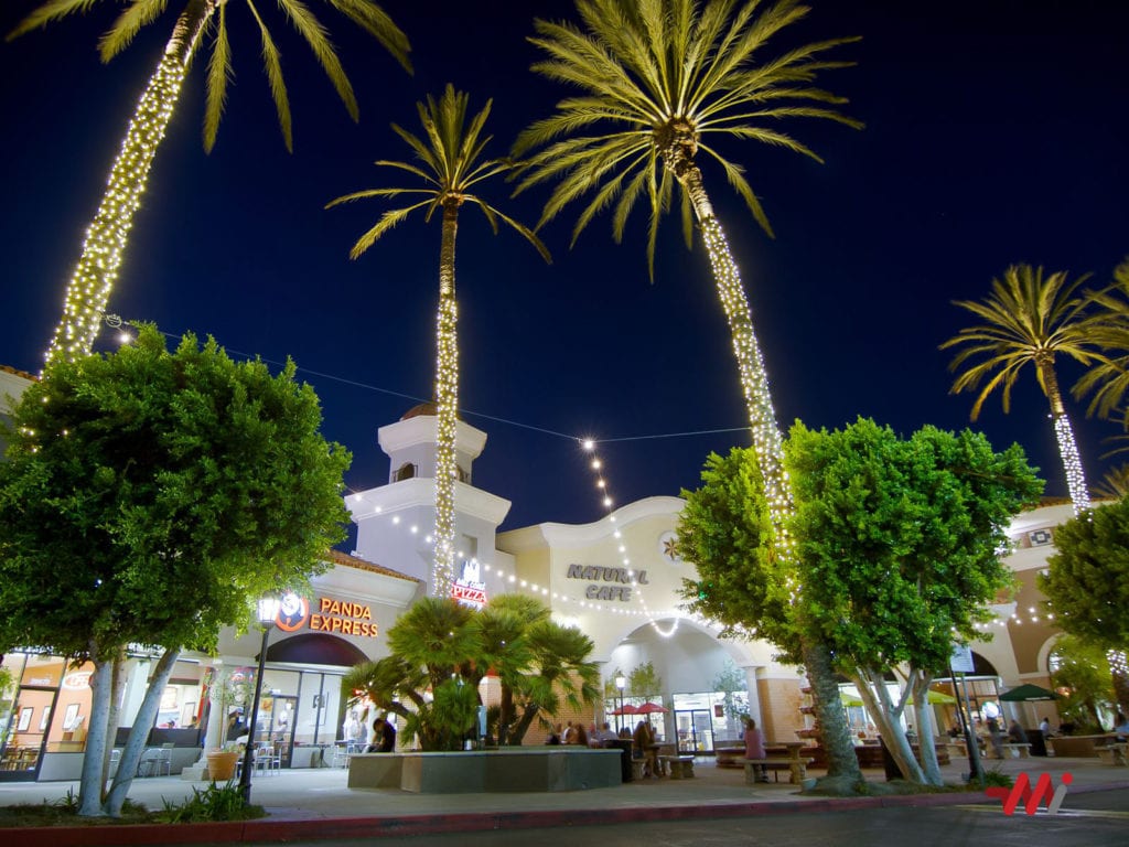 Year-Round Lighting Installation- wrapped palm trees in a shopping center