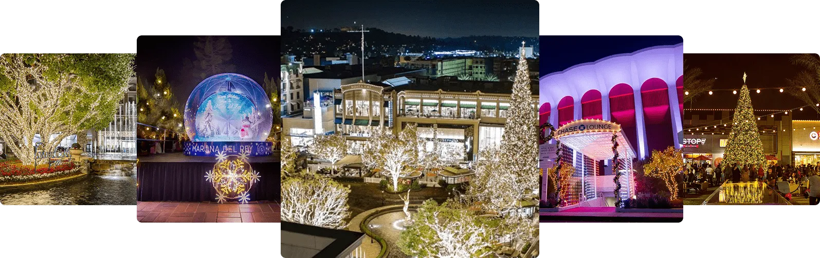 Collection of outdoor Christmas light displays featuring illuminated trees, large ornaments, and festive city decorations